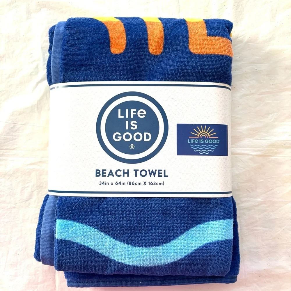 NWT Life is Good Sunshine Blue and Yellow Beach Towel 34 X 64
